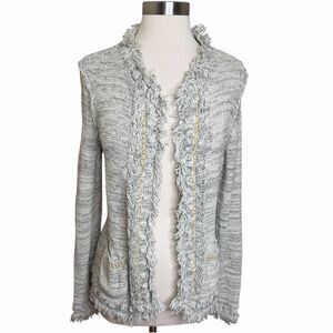 J McLaughlin Open Front Knit Cardigan Womens Small Gray Ivory Fringe Trim
